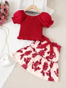 INCLUD Girls Round Neck Smocked Top With Skirt