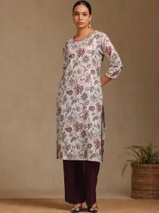 Soch Floral Printed Linen Round Neck Straight Kurta