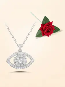 Peora Silver-Plated Eye Cubic Zirconia Studded Eye Shaped Minimal Necklace With Red Rose