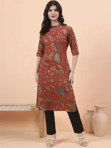 ARAVALII Floral Printed Mandarin Collar Straight Kurta