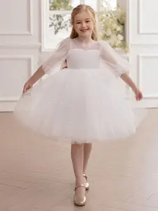 INCLUD Girls Embellished Self Design Bow Fit & Flare Knee Length Dress