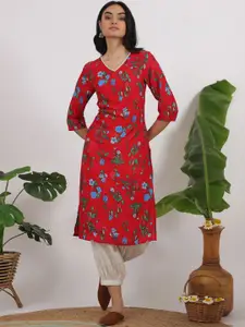 W Floral Printed Thread Work V-Neck Straight Kurta