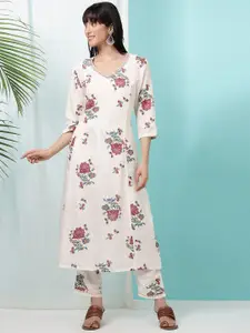 W Floral Printed Thread Work V-Neck A-Line Kurta