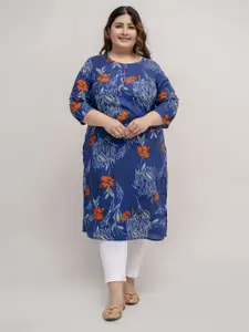 Fashion Zest Plus Size Floral Printed Round Neck Pure Cotton Straight Kurta