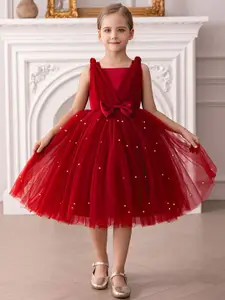 INCLUD Girls Embellished Square Neck Knee Length Fit & Flare Dress With Bow