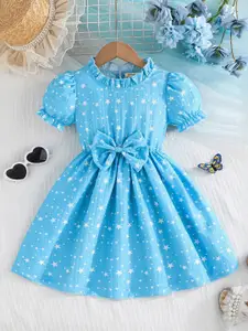 INCLUD Girls Star Printed Bow Fit & Flare Knee Length Dress