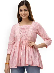 DMP FASHION Floral Printed Pure Cotton Square Neck Peplum Kurti