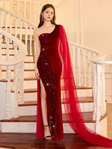 INCLUD Girls Embroidered One Shoulder Maxi Dress With Sequined Detail