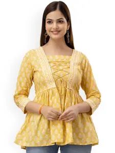 DMP FASHION Floral Printed Pure Cotton Square Neck Peplum Kurti