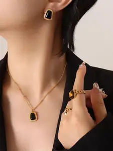 BLACKBOX Stainless Steel Gold-Plated Onyx Studded Square-Shaped Pendant With Chain