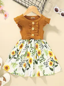INCLUD Girls Brown Short Sleeve Floral Print Fit & Flare Dress