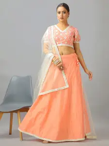 Ethnovog Embroidered Art Silk Semi-Stitched Lehenga & Unstitched Blouse With Dupatta