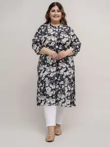 Fashion Zest Plus Size Floral Printed Mandarin Collar Pure Cotton Straight Kurta