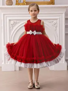 INCLUD Women Self Design Fit & Flare Round Neck Gathered Midi Dress