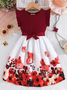 INCLUD Girls Floral Print Flutter Sleeve Fit & Flare Dress