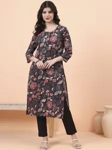 ARAVALII Floral Printed Mandarin Collar Cotton Straight Kurta