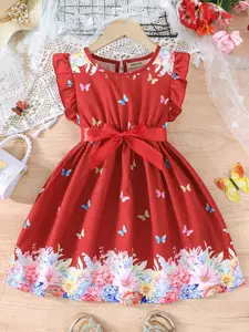 INCLUD Girls Printed Cap Sleeves Fit & Flare Dress