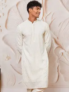 VASTRAMAY Floral Embroidered Mandarin Collar Sequinned Silk Straight Kurta