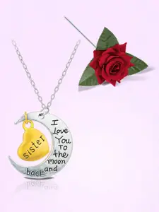 Peora Gold Plated Heart & Moon Shaped Minimal Necklace With Red Rose