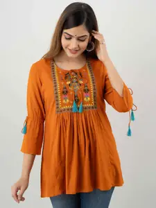 DMP FASHION Floral Yoke Design Tie up Neck Thread Work A-Line Kurti