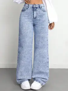 DressBerry Women Comfort High-Rise Heavy Fade Acid Wash Stretchable Wide Leg Jeans