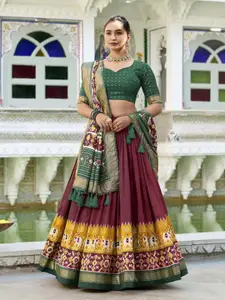 LOOKNBOOK ART Ethnic Motif Printed Tussar Silk Lehenga & Unstitched Blouse With Dupatta