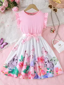 INCLUD Tropical Girl's Floral And Butterfly Printed Flutter Sleeve Fit & Flare Dress
