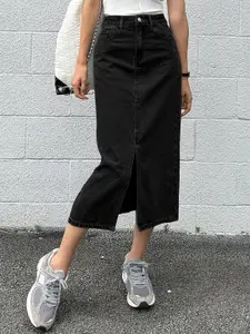 AAHWAN Women High Waist Front Slit Maxi Straight Denim Skirt