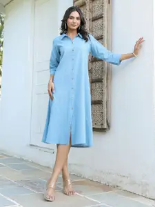 Janasya Women's Light Blue Linen Cotton Solid Button Down Shirt Style A-line Dress
