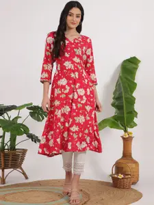 W Floral Printed Thread Work Notch-Neck A-Line Kurta