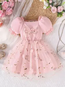 INCLUD Girls Floral Embroidered Square Neck Puff Sleeve Fit & Flare Dress