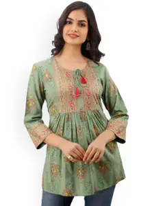 DMP FASHION Floral Printed Pleated Tie-Up Neck A Line Kurti