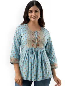 DMP FASHION Floral Yoke Design Tie-Up Neck Thread Work A-Line Kurti