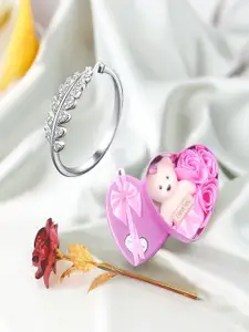 DIVASTRI Set Of 3 Silver-Plated Cubic Zirconia Studded Finger Ring & Red Rose & Teddy Bear
