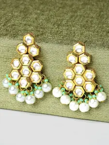 Sangria Gold-Plated Kundan Studded & Beaded Contemporary Drop Earrings
