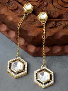 Sangria Gold-Plated Kundan Studded Hexagonal Drop Earrings