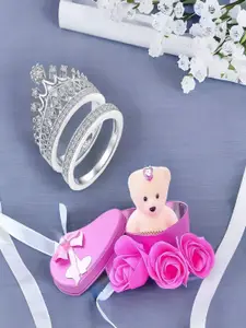 DIVASTRI Set Of 2 Silver-Plated Cubic Zirconia-Studded Couple Adjustable Finger Rings