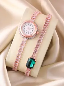 HAUTE SAUCE by  Campus Sutra HAUTE SAUCE by Campus Women's The Crystalized Wrap Round Watch - Rose Gold Emerald Green