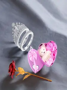 DIVASTRI Set Of 2 Cubic Zirconia-Studded Leaf Finger Ring With Teddy Bear & Rose
