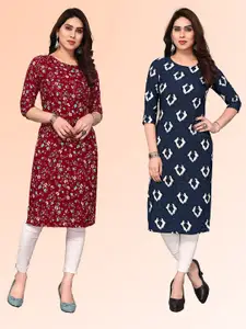 KETAKI FASHION Selection Of 2 Floral Printed Round Neck Straight Kurtas