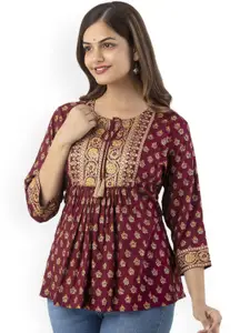 DMP FASHION Floral Yoke Design Tie-Up Neck Thread Work A-Line Kurti