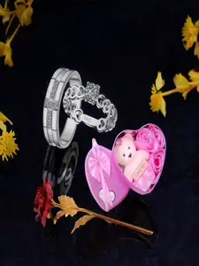 DIVASTRI Set Of 2 Silver-Plated Cubic Zirconia-Studded Couple Adjustable Finger Rings