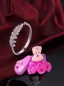 DIVASTRI Silver-Plated Cubic Zirconia-Studded Leaf Finger Ring With Teddy Bear