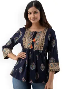 DMP FASHION Ethnic Motifs Printed Tie-Up Neck Short Kurta
