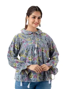 DMP FASHION Floral Printed Tie-Up Neck Puff Sleeves Cotton Pleated Tops