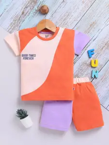 Toonyport Boys Colourblocked Round Neck Short Sleeves Pure Cotton T-shirt With Shorts