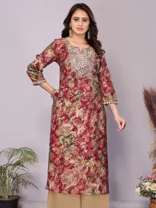 Rangita Floral Yoke Design Notch Neck Mirror Work Chanderi Silk Straight Kurta