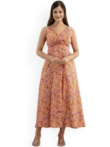 DMP FASHION Floral Printed Cotton V-Neck A-Line Dresses