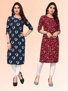 KETAKI FASHION Selection Of 2 Floral Printed Round Neck Straight Kurtas
