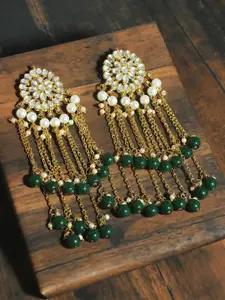 Sangria Gold-Plated Kundan Studded & Beaded Tasselled Floral Drop Earrings